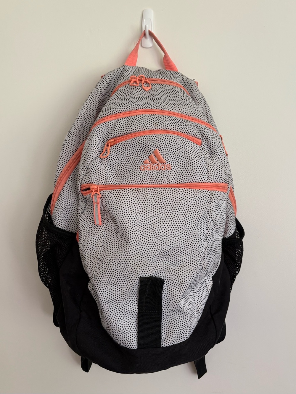 Adidas White Polka Dot Backpack with Coral Accents